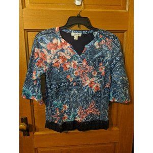 CJ Banks Size S Lace Lined Body Stretch Knit Top Blouse Shirt Floral Blue Boho